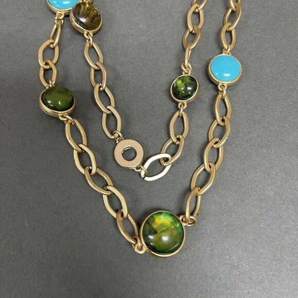 Icing Gold-tone Linked Chains Green Blue Women's Fashion Necklace NWOT - Picture 2 of 5
